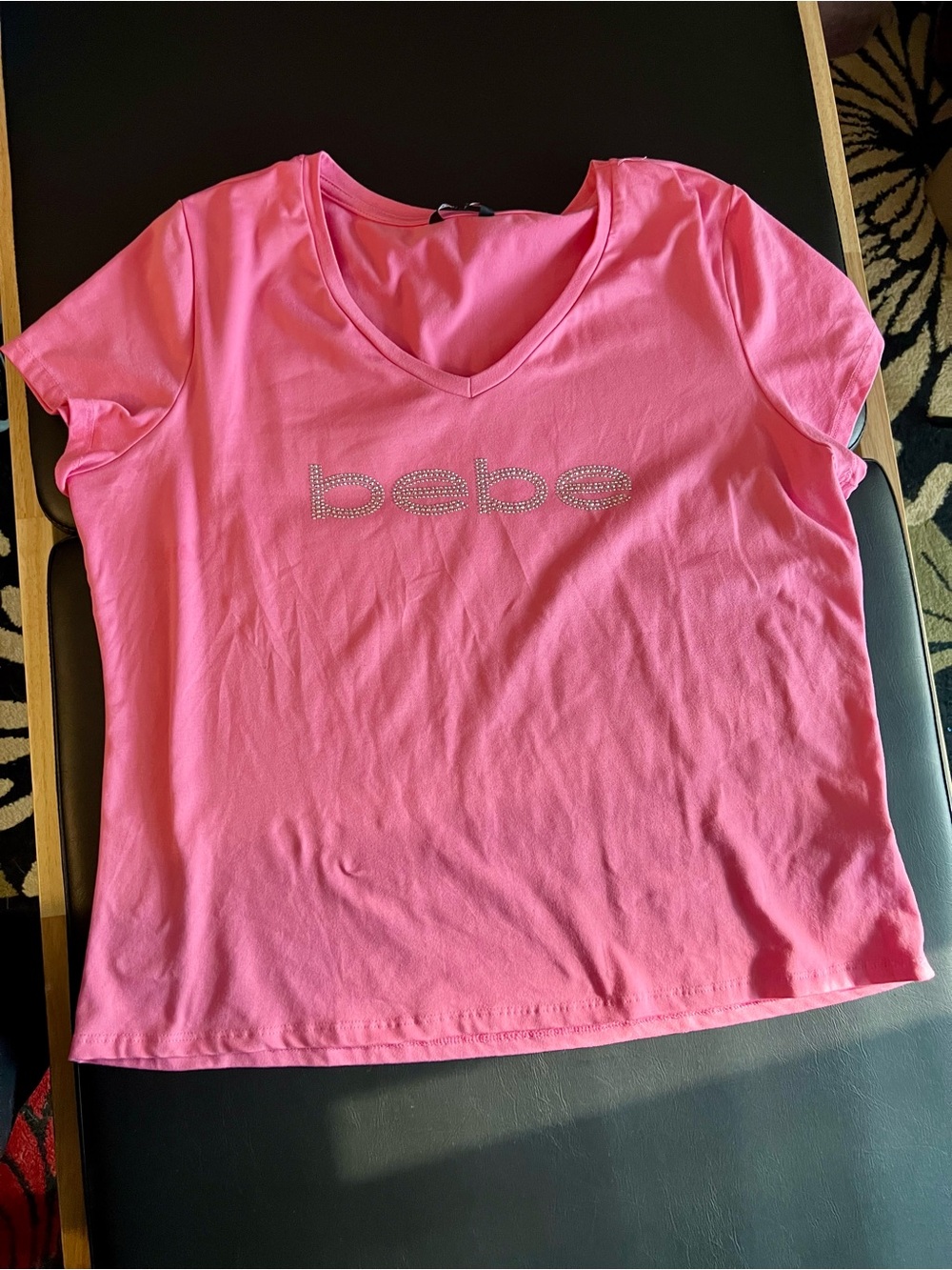 bebe Hot Pink V-Neck Crystal Logo Tee